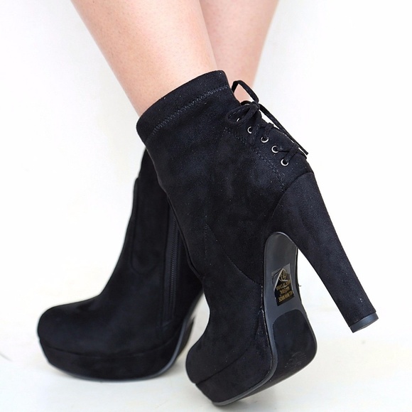 New Black Lace Platform Heel Ankle Boots Booties - Picture 2 of 3